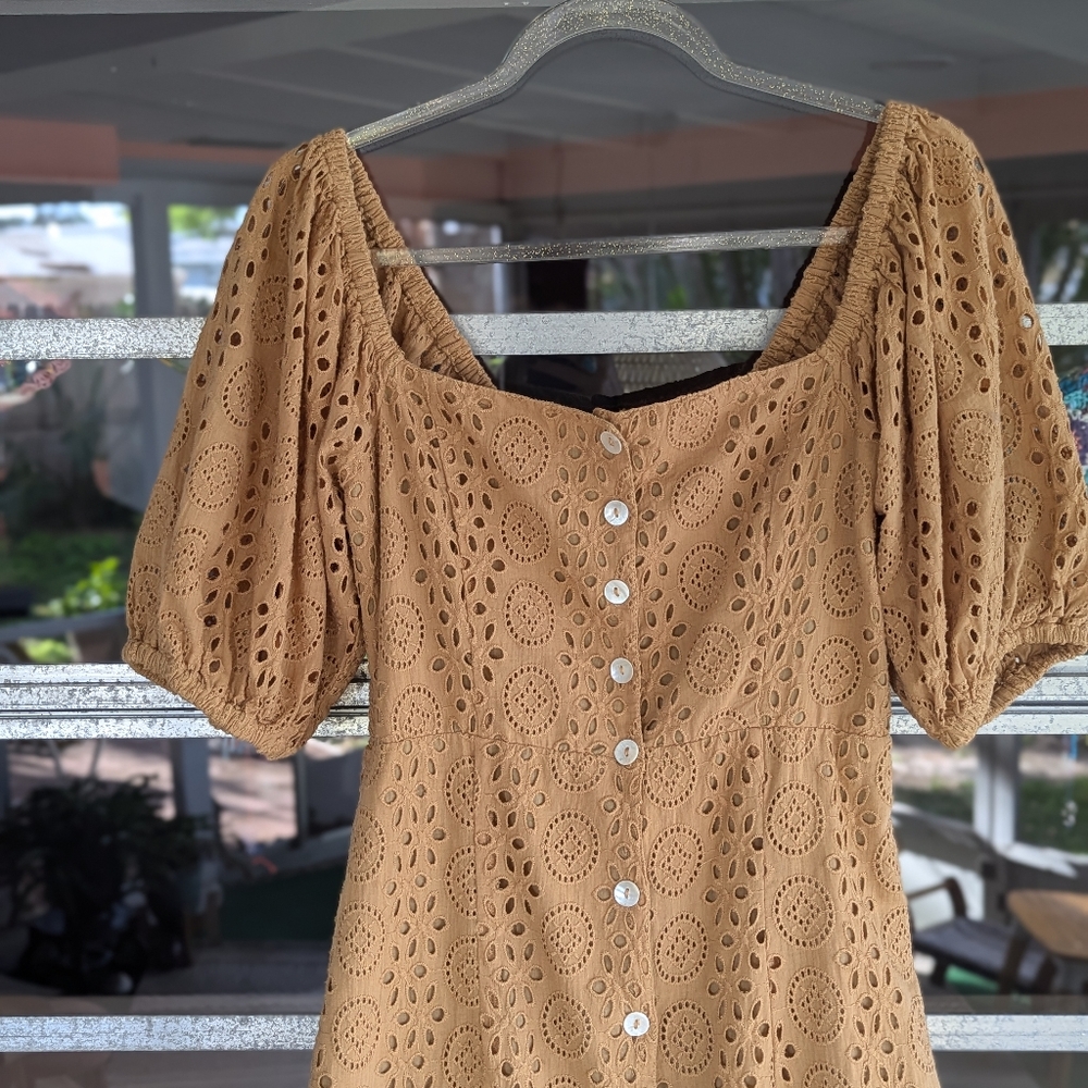 Puff-Sleeve Eyelet Midi Dress in Camel - Picture 3 of 13